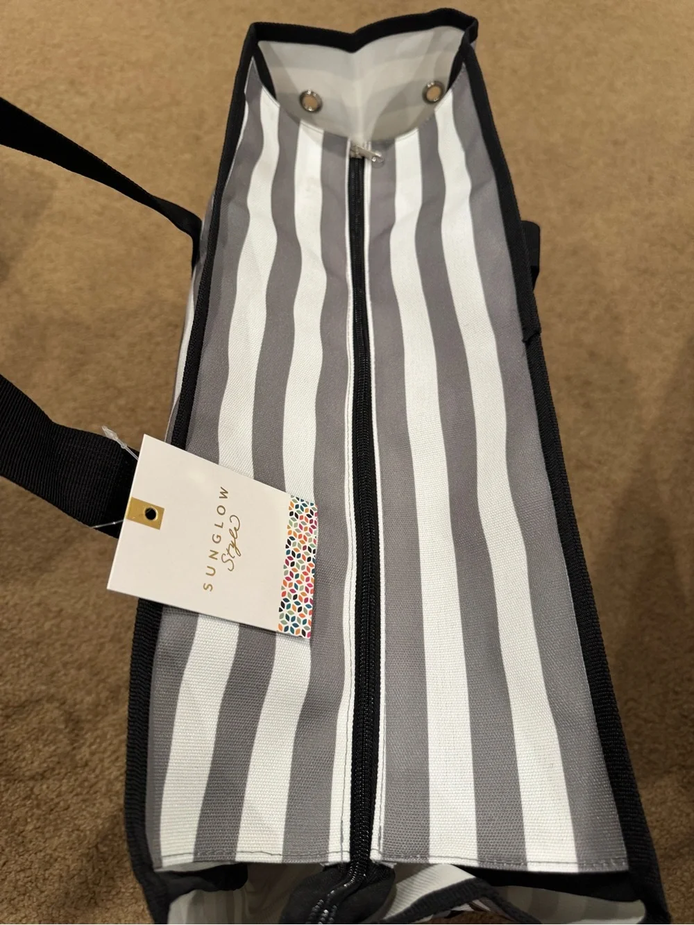 Gray & White Striped Tote Bag zipper 4 pockets beach office gym school travel
